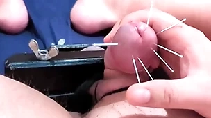 Cock skewering extreme cbt - 7 needles & cumshot regarding squeezed balls