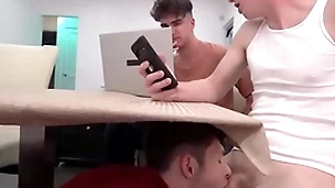 Young stepbro decides to go under the table added to suck two stepbrother's dicks - myhotbro