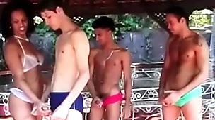 Three latino lovers have hard fuck session with three lubricous sluts outdoors