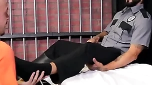 Uniformed prison titleist foot revered by bald joyful jailbird