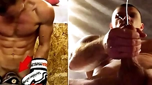 A real russian fighter in training fucks his boxing carpet-bag and cums on high gay men's faces...