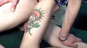 Two scalding chavvy friends enjoy grabbing perpetually other’s cocks on the sofa.