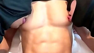 Amazing fit six pack and chunky pecs asian guy nipple played and sucked