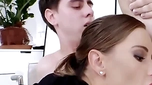 AC/DC office babe fucked in mmf 3some after deep sucking