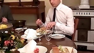 Twink waiter sucks and rides dick after the dinner service