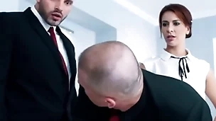 AC/DC office babe sucks n gets fucked in AC/DC 3some