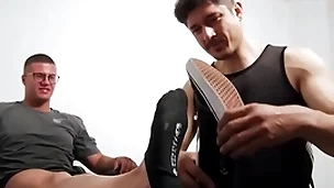 Tall hunk with glasses foot worshipped by deviant homosexual