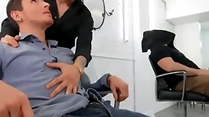 Dark-haired hotties san bass & killiam wesker swap sloppy blowjobs on the barber chair - definiteness dudes